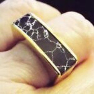 DESIGNER MINIMALIST BLACK MARBLE BEZELED IN GOLDCLAD SIMPLE SETTING SZ 7 RING 5